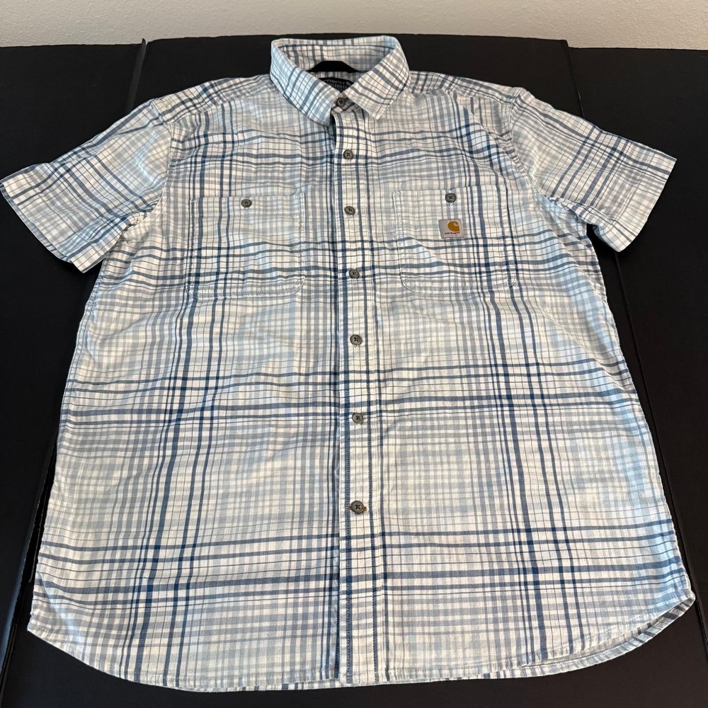 Carhartt Mens Short Sleeve Button Down Plaid Shirt Blue White Large RuggedFlex